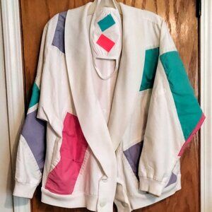 Women's white cotton jacket w/different colored patches